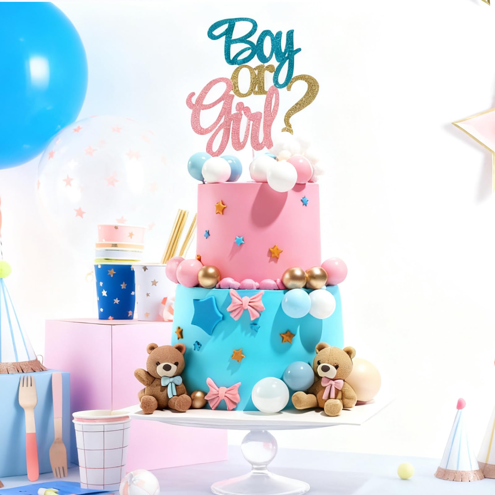 23 PCS Gender Reveal Cake Toppers, Beaer Balls Cake Decorations with Boy or Girl for Gender Reveal Baby Shower Party Supplies - Image 3