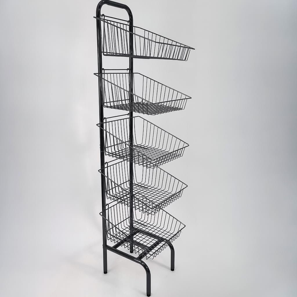 5 Tier Basket Stand – Retail Display Rack for Bread, Snacks, Clothes & Toys – Freestanding Nylon Merchandising Unit – 1700mm High – Flat Pack Assembly