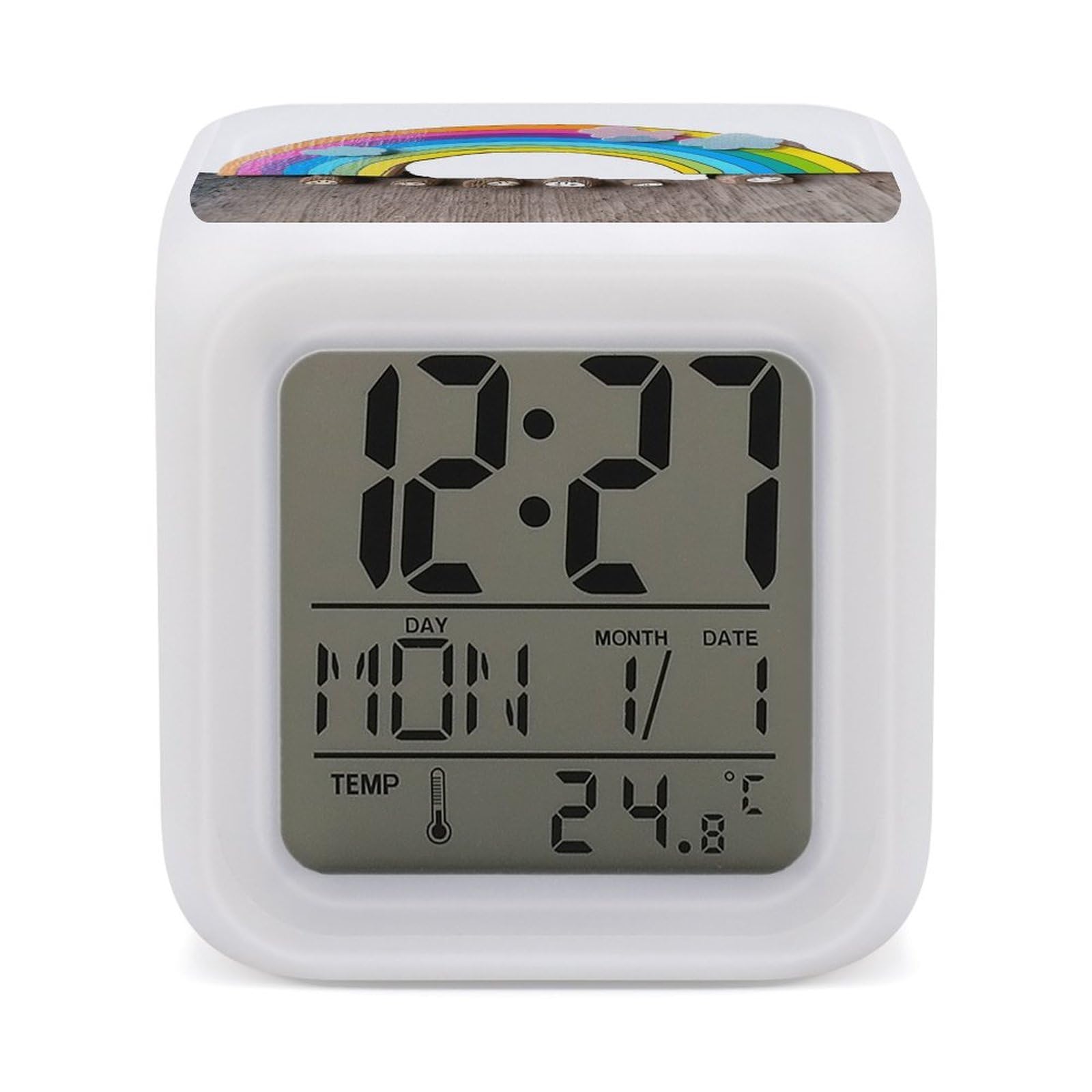 Reloj despertador LED personalizado arcoíris con pantalla de temperatura digital para dormitorio