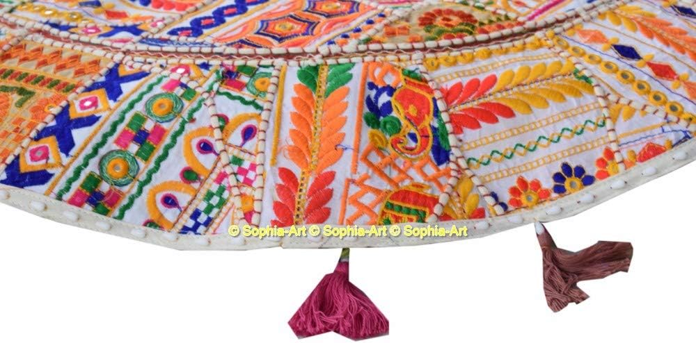 Sophia Art Round Floor Pillow Cushion Patchwork Pouf Ottoman Vintage Indian Foot Stool Bean Bag Floor Pillow Cover Home Decor Living Room Ottoman Bohemain Pillows (White Rajkoti, 32 Inch)