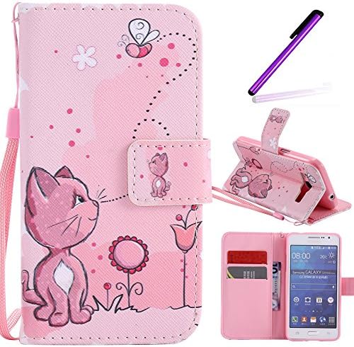 Galaxy G530 Case, LEECOCO Fancy Paint Floral Design Case [Credit Cards Slot] [Cash Pockets] PU Leather Flip Wallet Case with Stand for Samsung Galaxy Grand Prime LTE G530,Pink Cat