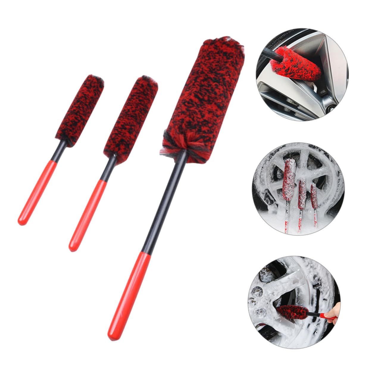 SHERCHPRY Set 3 Pezzi Spazzole per Pulizia Pneumatici Auto Manico Ergonomico in Fibra e Pom, Strumento Facile da Conservare per Cura e Detersione Ruote