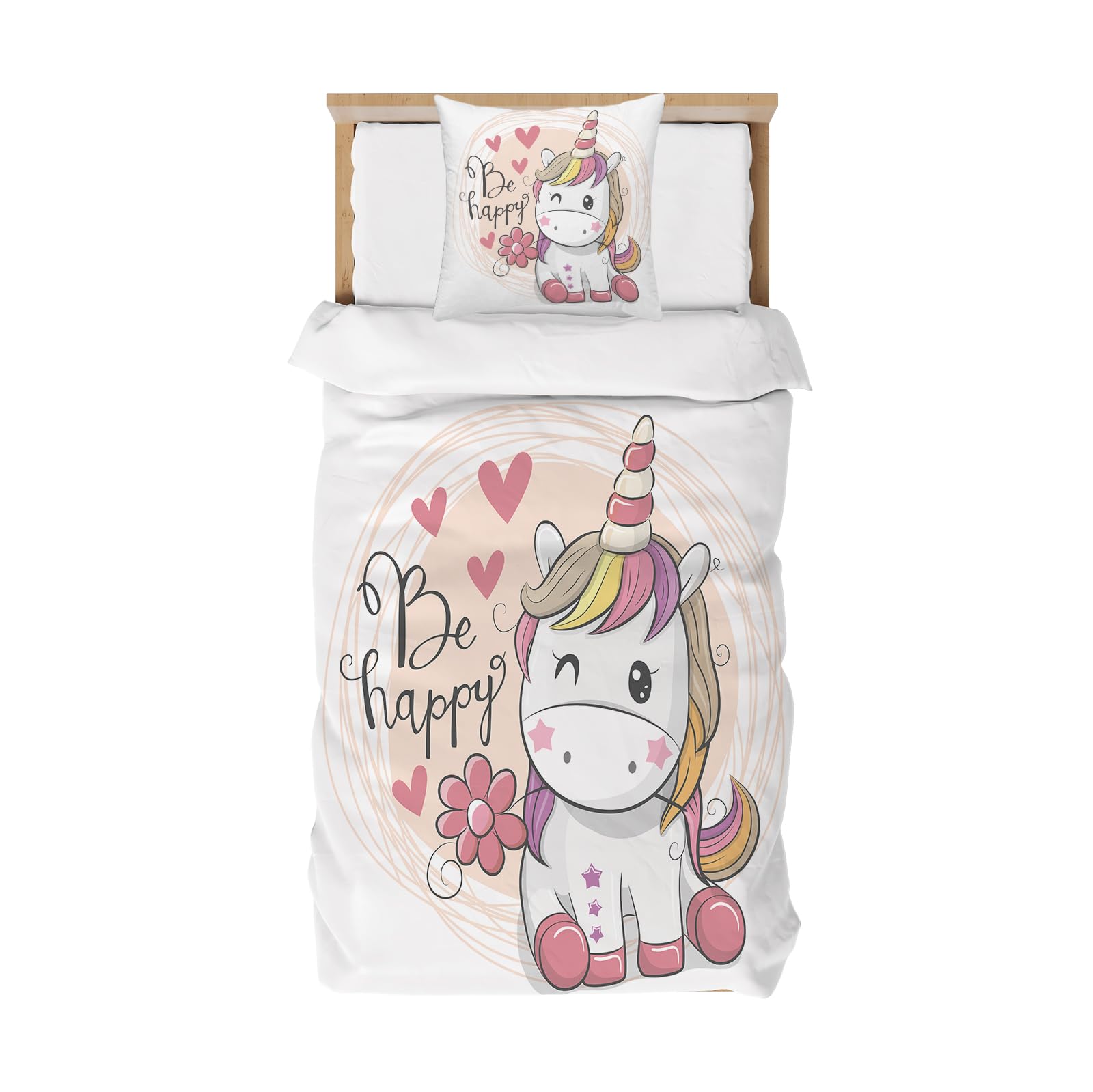 DJDEA Housse de Couette Licorne 1 Personne 90x190 cm Enfant Parure de Lit en Microfibre, Housse Couette Fille et Taie d'oreiller 40x60 cm, 3D Imprimé Licorne Blanc