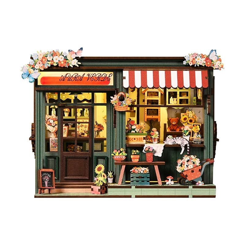 3D Wooden Puzzle Mini Flower Shop Kit for Adults, DIY Book Nook Miniature House Building Set with LED Light, 259 PCS Wooden Model Kit, Creative Desk Decor & Gift