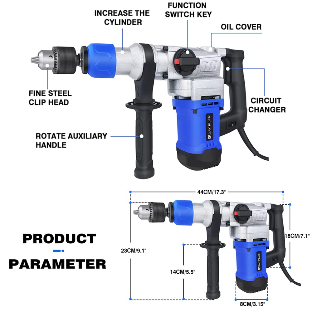 DEWINNER 1500W SDS Plus Rotary Hammer Drill With Vibration Control, Safety Clutch, 4 Functions Corded Rotomartillo For Concrete-Including 3 Drill Bits, Chisel, Point Chisel, Carrying Case - View #10