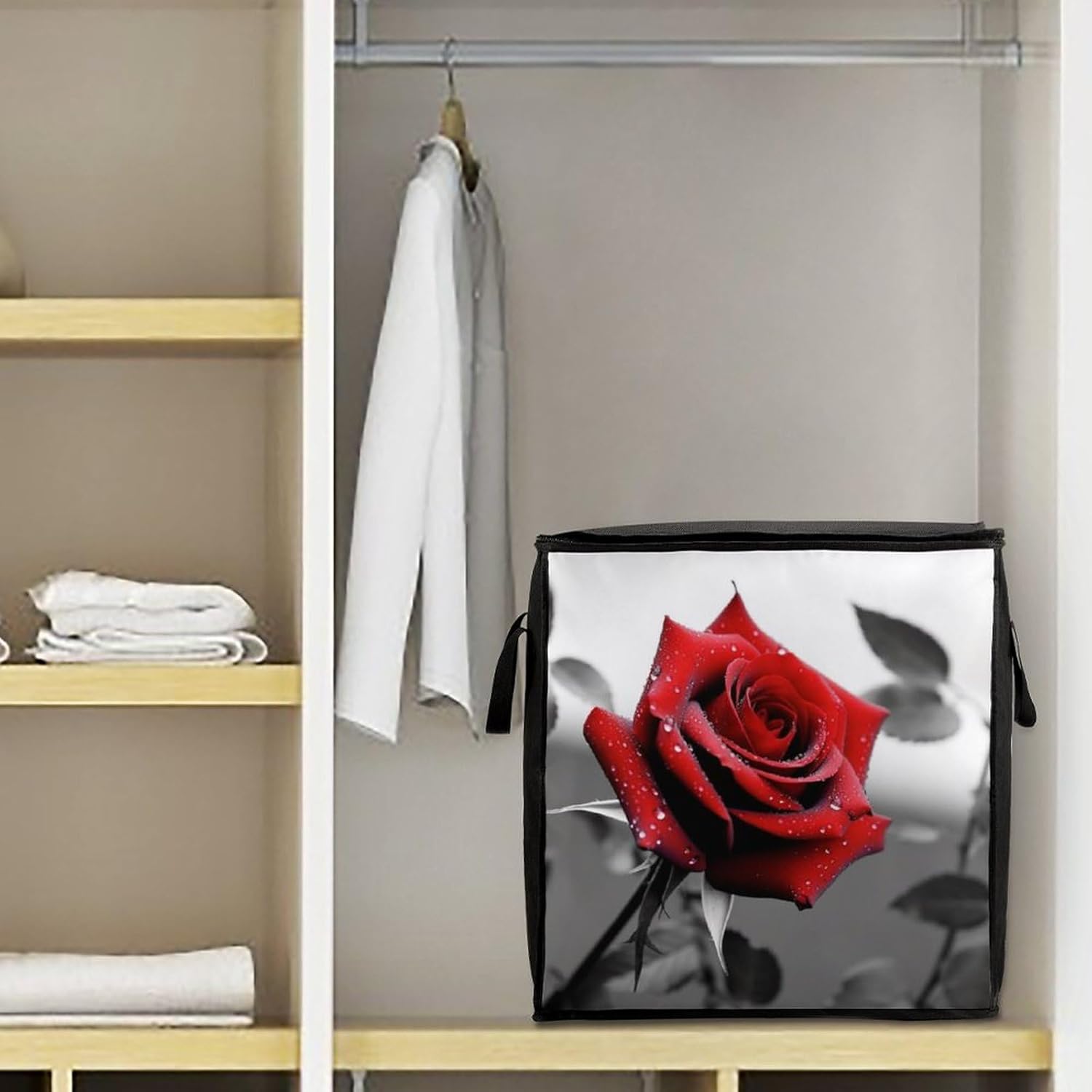 Portable Quilt Storage Bag,Black And White Red Rose Printed Foldable Wardrobe Storage Box Foldable Storage Bag with Lids And Handle Large Clothing Storage Bag for Comforters Clothes Blankets Pillows
