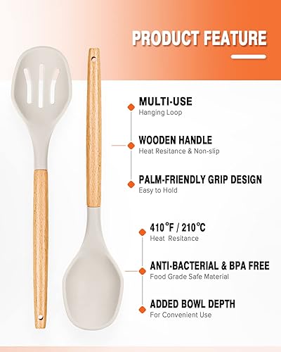 Miniatura 3 de Cucharas de cocina de silicona grandes, paquete de 2 cucharas antiadherentes con mango de madera maciza y ranurada, cucharas de cocina de silicona