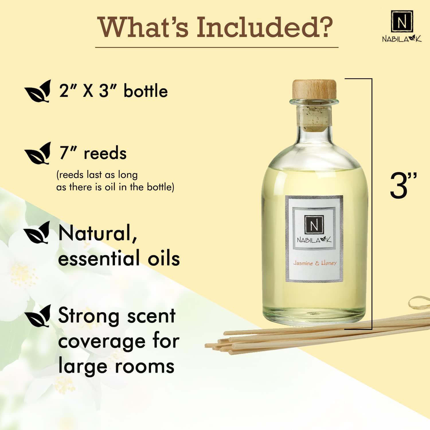 Nabila K Jasmine & Honey Reed Diffuser Set for Women & Men - Floral & Sweet Home Fragrance Oil - Naturally-Derived, Long-Lasting, Phthalate-Free - Made in USA - Includes Bottle & Fiber Reeds