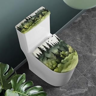 Green Ink Wash Painting Toilet Lid and Tank Cover Watercolor Forest Decorations Bathroom Stretch Toilet Protector Cover Chinese Landscape Painting Toilet Lid Cover