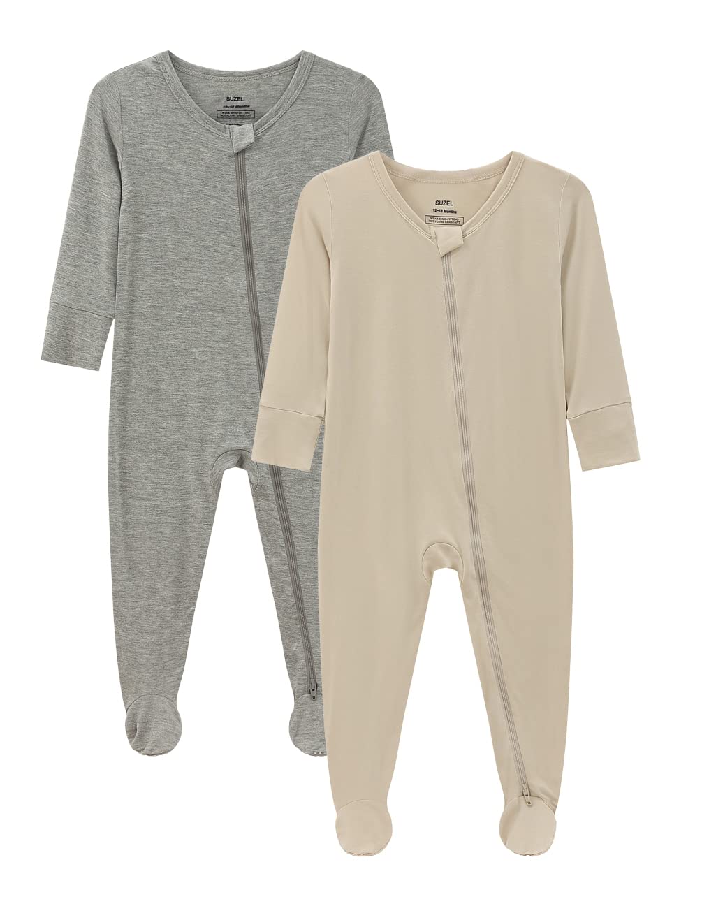 Baby Footed Pajamas - Baby Infant Boys Girls One Piece Romper - Sleep 'N Play PJ - Viscose from Bamboo (Beige & Grey, 3-6Months)