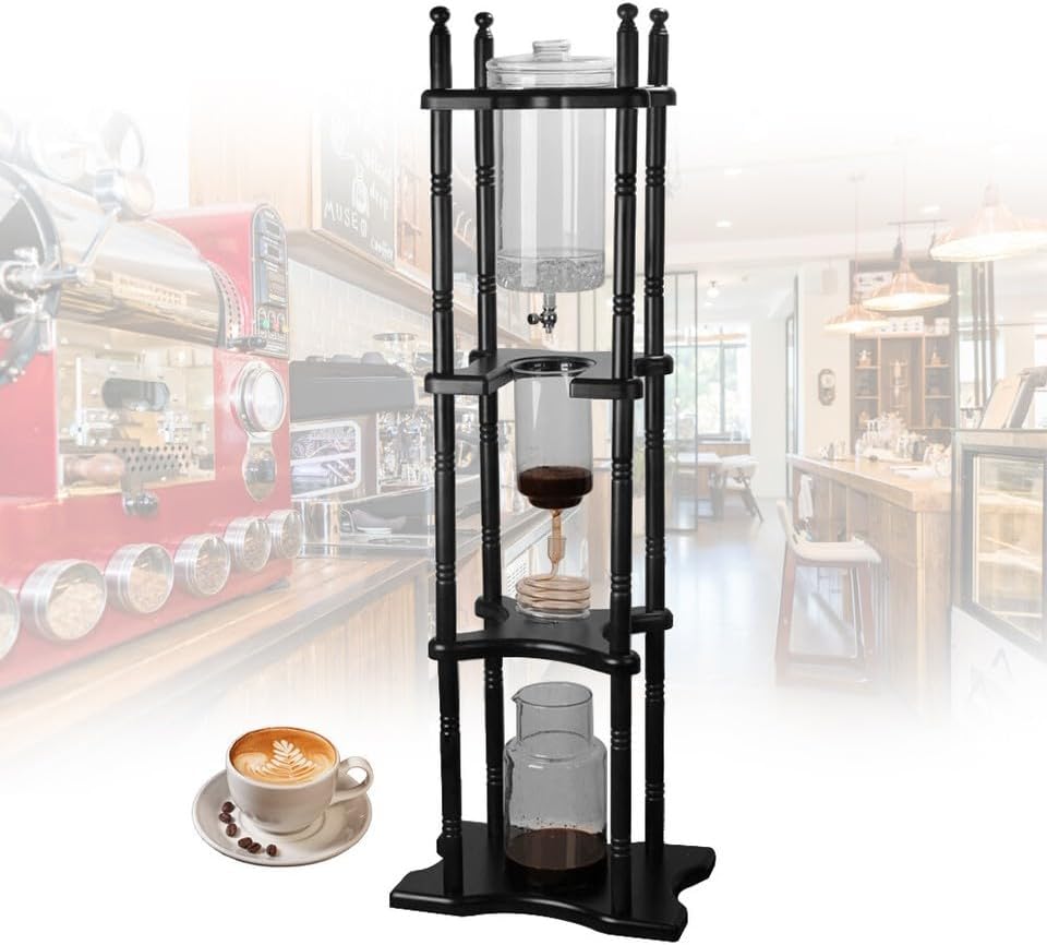 Cold Brew Coffee Maker, Ice Drip Coffee Tower 2500ml Glass Dutch Coffee Dripper, Manual Slow Drip Iced Coffee Pot with Solid Wood Frame & Reusable Filter, for Cafe, Bar, Party, Home Brewing