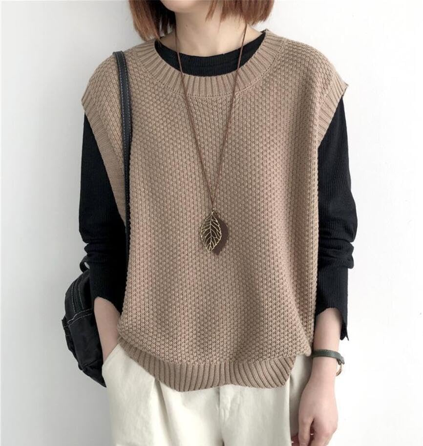 ベスト ニットベスト レディース ウエストコート トップス ゆったり アウター カジュアル 無地 レトロ織り風 コーヒー