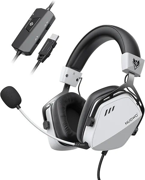 NUBWO HG03 USB Gaming Headset with 7.1 Surround and FPS Sound, Wired Headphones with Noise Canceling Mic, Comfortable Design for PC, Laptop - White