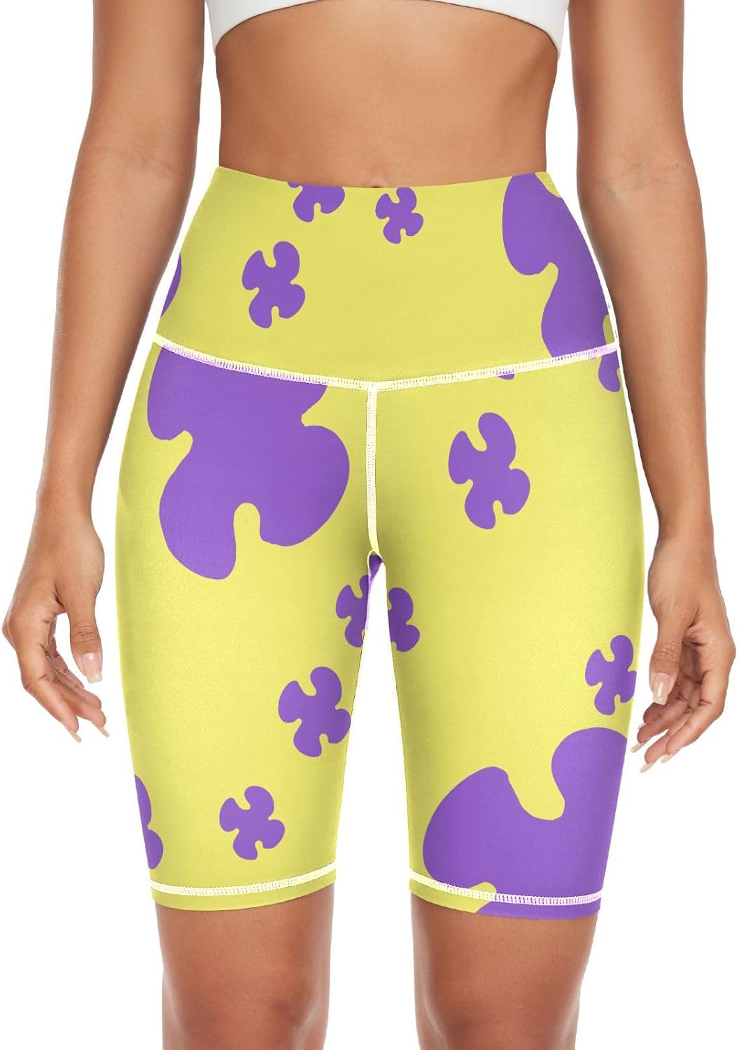 GuoChe High Waisted Biker Shorts for Women – 5" Cartoon Star Yellow Purple Tummy Control Workout Yoga Compression Shorts