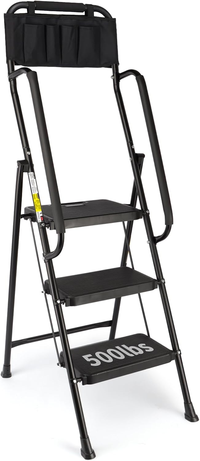 Valeo 3 Step Ladder with Handrails,500 Lbs Capacity,Folding Step Stool Ladder with Attachable Tool Bag,Lightweight & Storage Step Ladder 3 Step Folding,Multi-use for Home,Kitchen,Office,Black Black 3-Step Ladder with Handrails