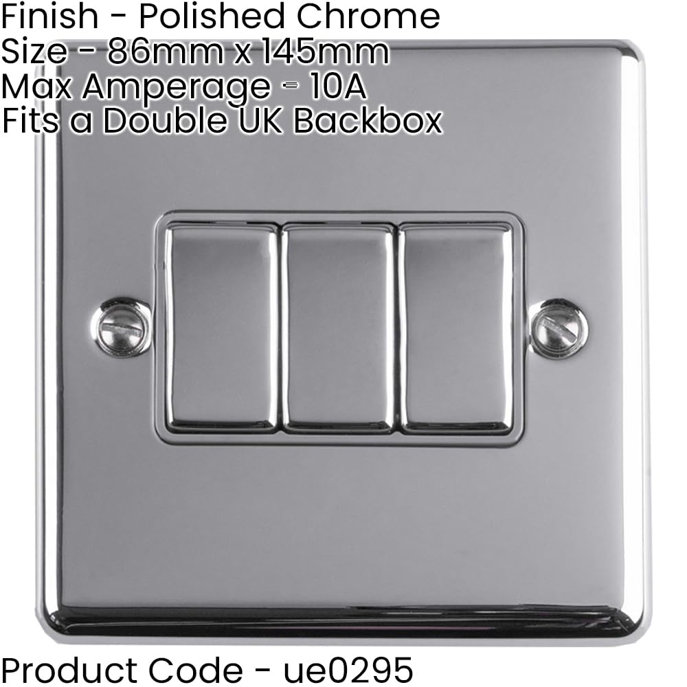 Metall-Lichtschalter, 3-Gang-Dreifach-Lichtschalter, poliertes Chrom, 2-Wege, 10 A, graue Zierleiste, dekorative Küche, Wohnzimmer, Schlafzimmer, 5 Stück