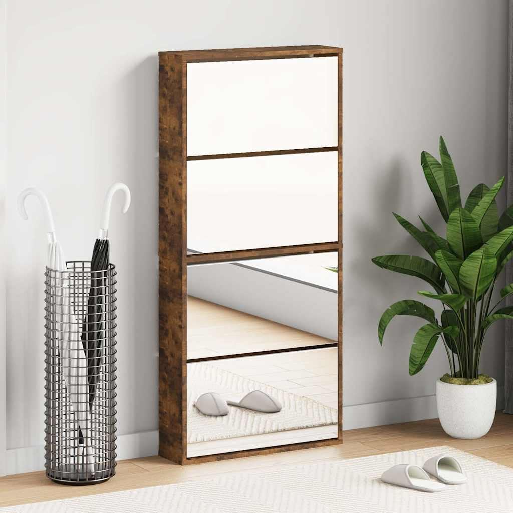 Zapatero con espejo, 4 compartimentos, roble ahumado, moderno zapatero con compartimentos basculantes para pasillo y salón, 63 x 17 x 134 cm, madera estable