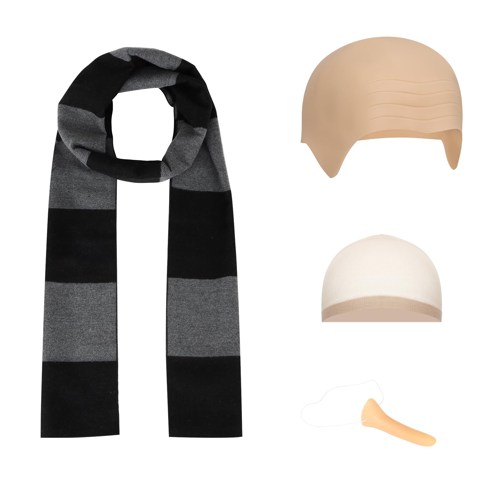 AMNPOLEN Men Adult Black Gray Striped Scarf Long Fake Nose Bald Head Wig Cap Costume Accessories Set Halloween Cosplay Outfit