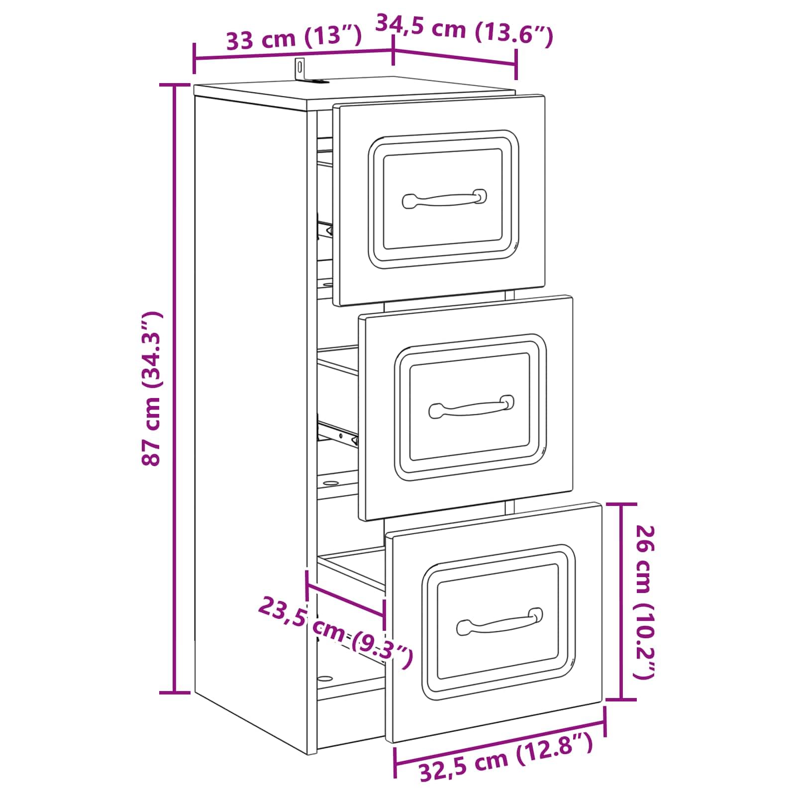 Cassettiera grigio Sonoma, 33 x 34,5 x 87 cm, in legno, con 3 cassetti, armadietto sottile per soggiorno, corridoio e ufficio, organizer