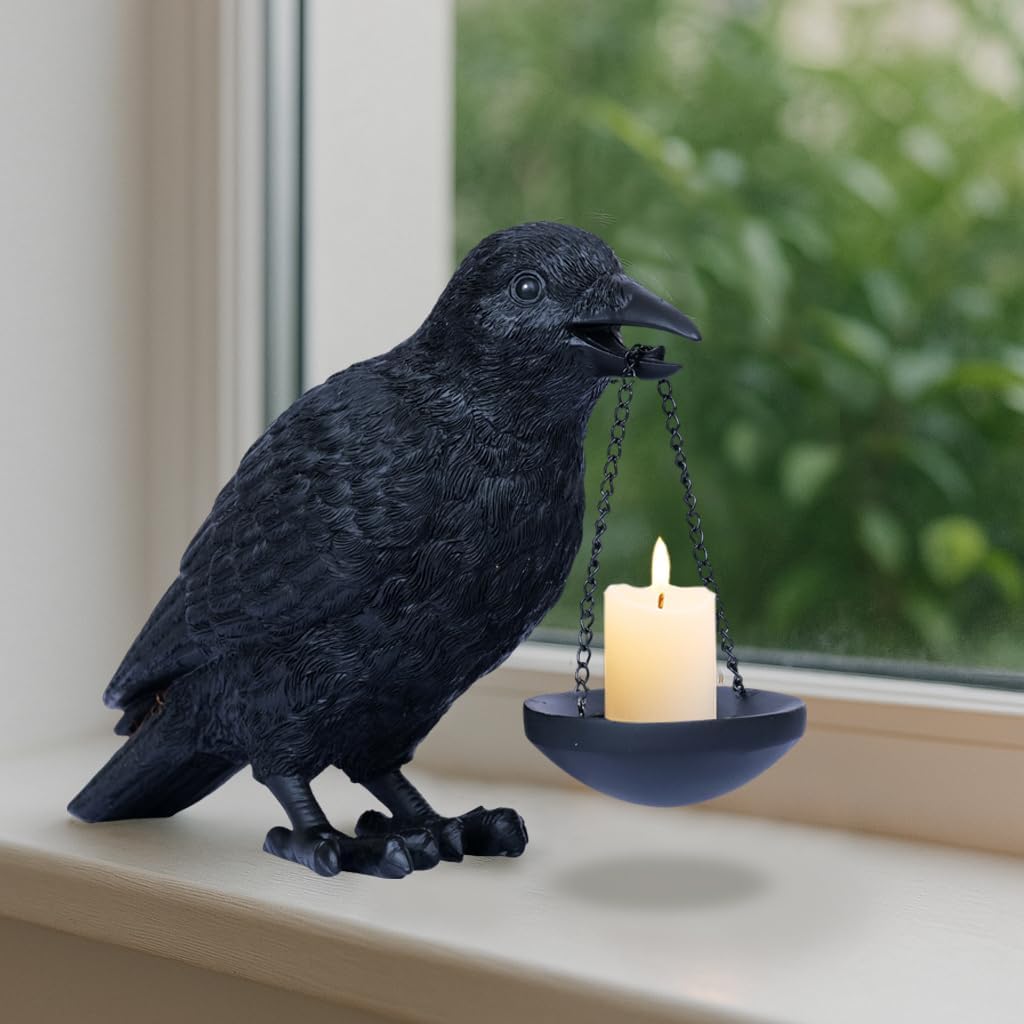 Gothic Home Decor Raven Lamp Tealight Candle Holder Halloween Decorations Indoor Fake Crow Light Holder Resin Black Bird Statue for Living Room Fireplace Entrance Holiday Spooky Ornaments - Image 4