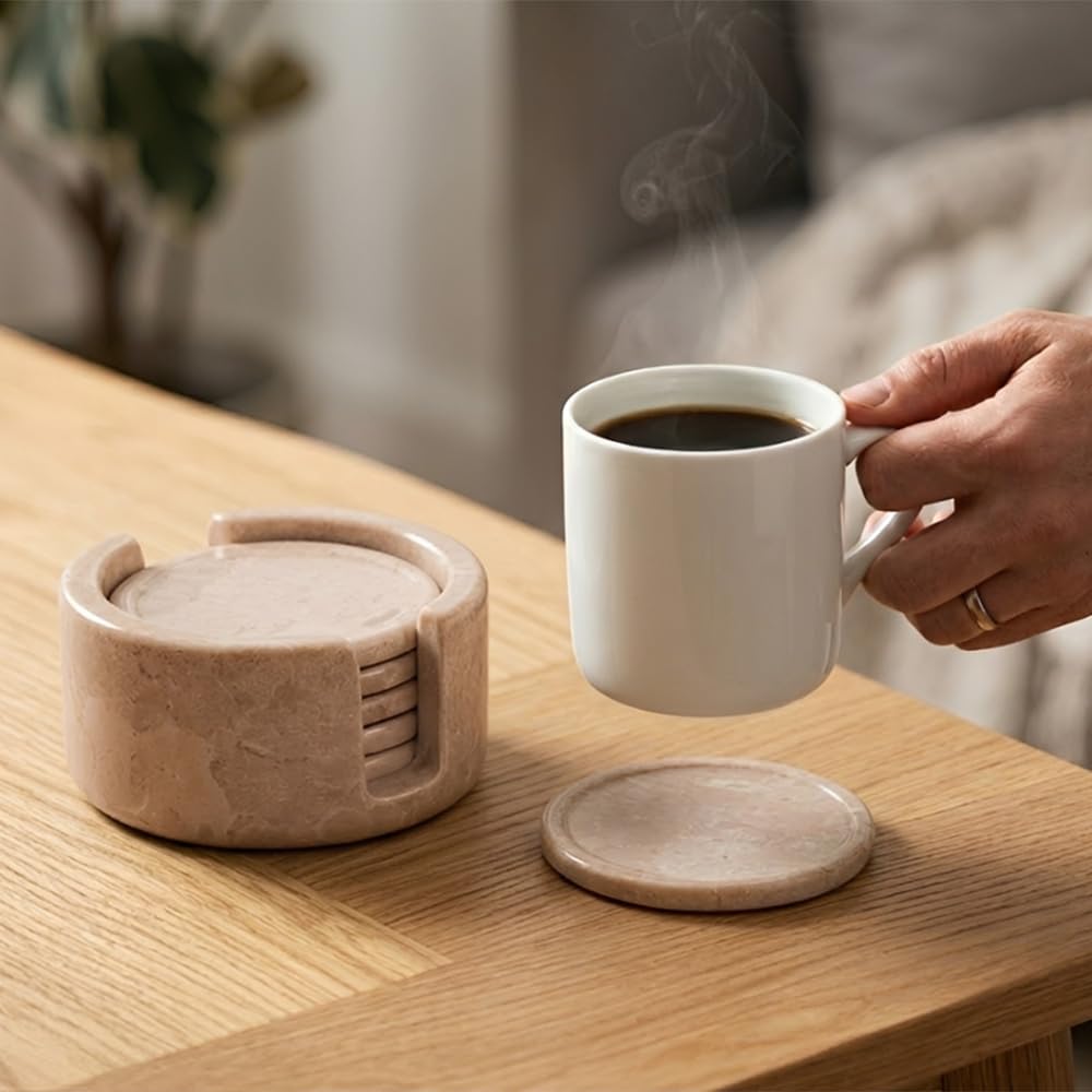 Verona Juego de 6 Posavasos Redondos de Mármol 3.5 Pulgadas con Soporte para Mesa y Café