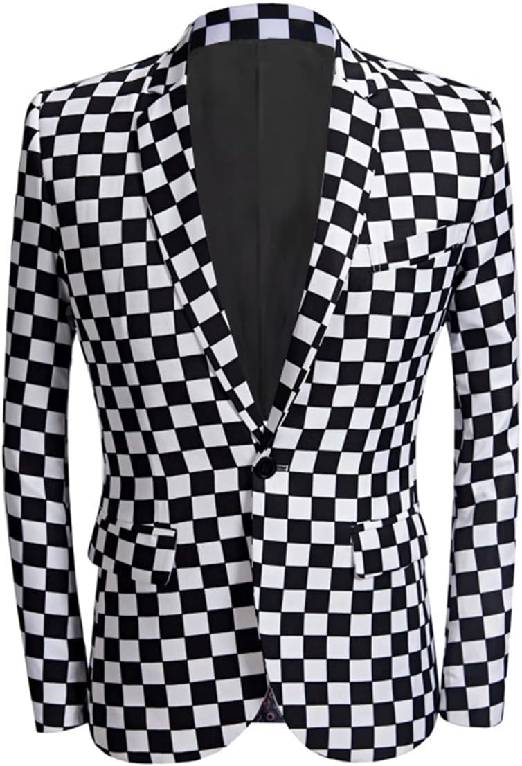 Men's One Button Suit Black and White Checkerboard Back Vent for Dinner Prom Jacket Pants