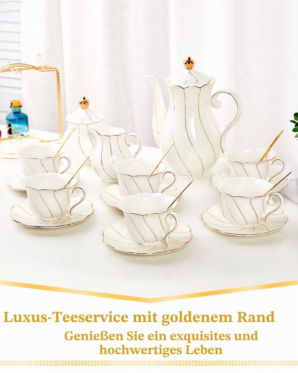 DUJUST 22-teiliges weißes Porzellan-Tee-Set für 6 Personen, luxuriöses Tee-/Kaffeetassen-Set im britischen Stil mit goldenem Rand, Tee-Party-Set, Geschenkpaket (inklusive Ständer) – Weiß