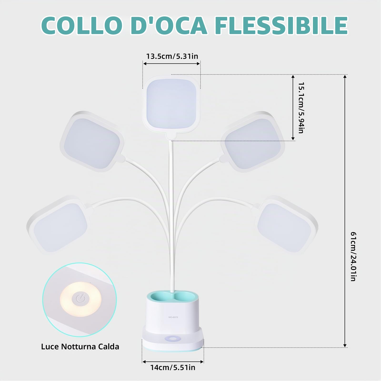 Lampada da Scrivania Ricaricabile 2400mAh, 3 Livelli Luminosità | Collo Flessibile 360°, Portapenne e Luce Notturna, Lampada da Tavolo Senza Fili per Camera da Letto, Studio, Bambini, Bianca