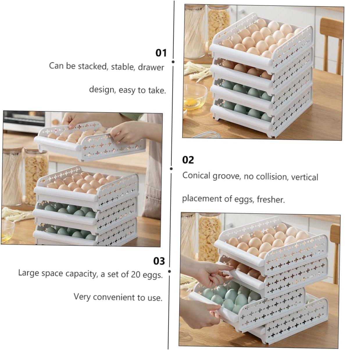 2-Pack 20-Compartment Egg Storage Container Drawer Style Refrigerator Egg Crisper Food Storage Case for Fresh
