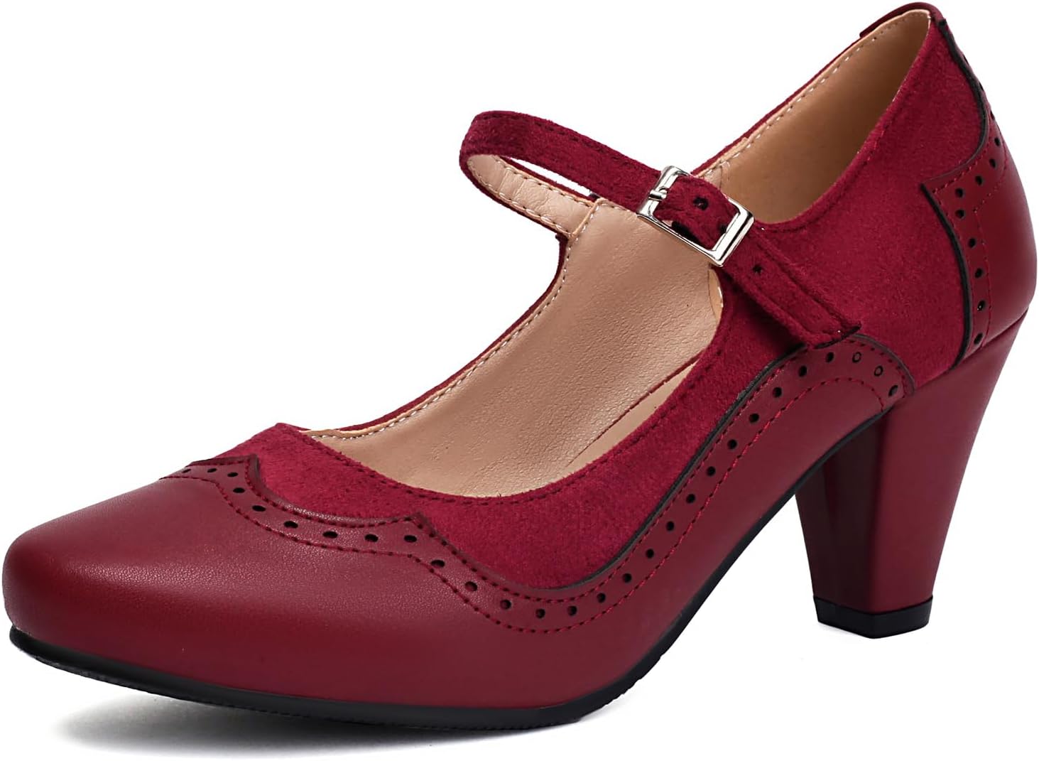 Elerhythm Women's Mary Jane Classic and Retro 1920s Pump Heels Gatsby Oxford Pattern 1950s Pinup Vintage Round Closed Toe 1940s Ankle Strap Dress Shoes