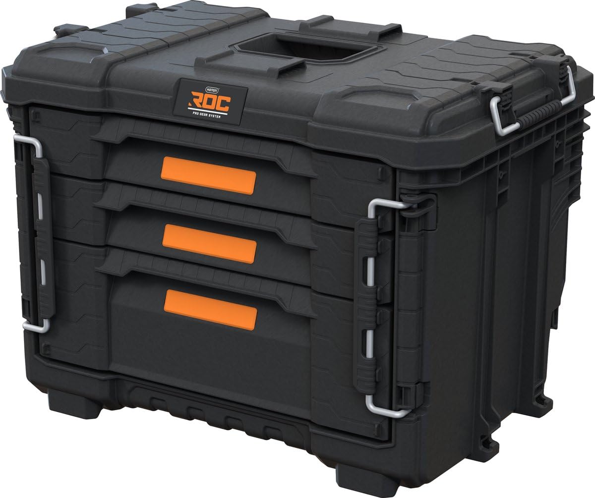 Keter Pro Gear XL Werkzeugwagen – 3 Koffer, 2 flache und 1 tiefe Schublade, abschließbar, mit Clear Organizer, IP65 Schutz, robustes Design, schwarz - 64x47x79-105 cm
