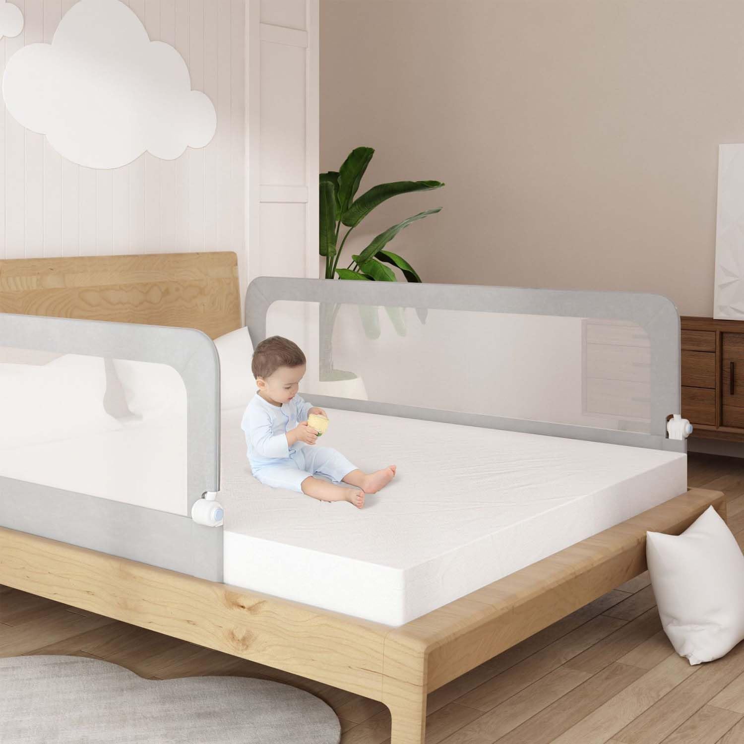 Fiqops Griglia di protezione per letto da 200 cm, pieghevole, protezione anticaduta per lettino per bambini, barra di protezione per letto regolabile in altezza da 72-86 cm con cinture per letti a