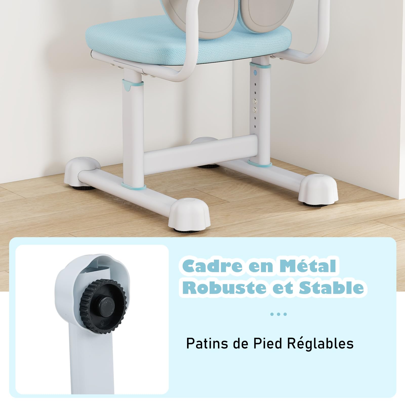 COSTWAY Chaise de Bureau Enfant avec Hauteur Réglable & Dossier Ergonomique, Fauteuil de Bureau avec Maille Respirante & Patins Ajustables, Charge 100kg pour Filles Garçons de 6-12 Ans (Bleu)