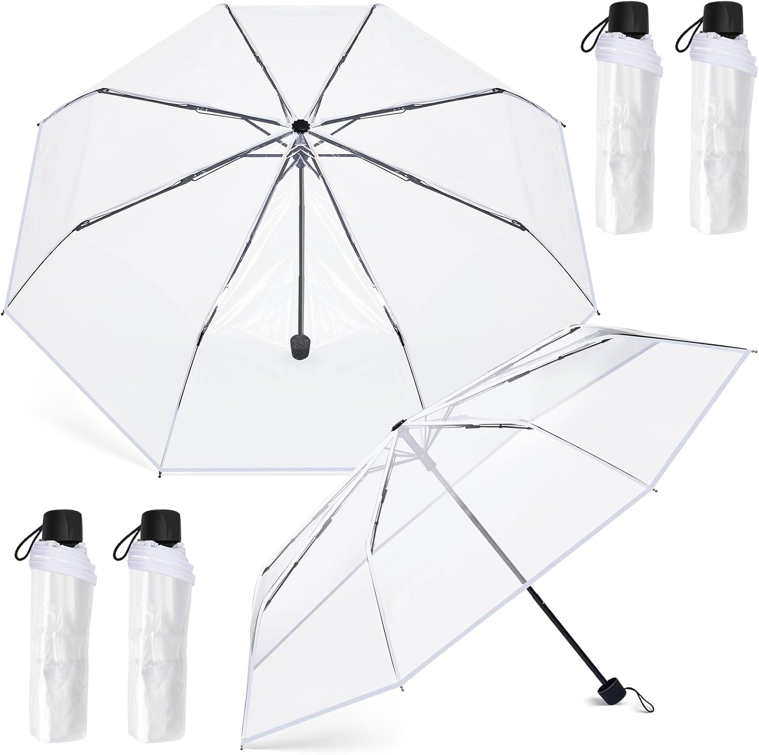 Fabbay 4 Pcs Foldable Clear Umbrella Transparent Wedding Umbrella Compact Folding Umbrellas for Rain Manual Open and Close Portable Umbrella for Travel Dating Party Favors white