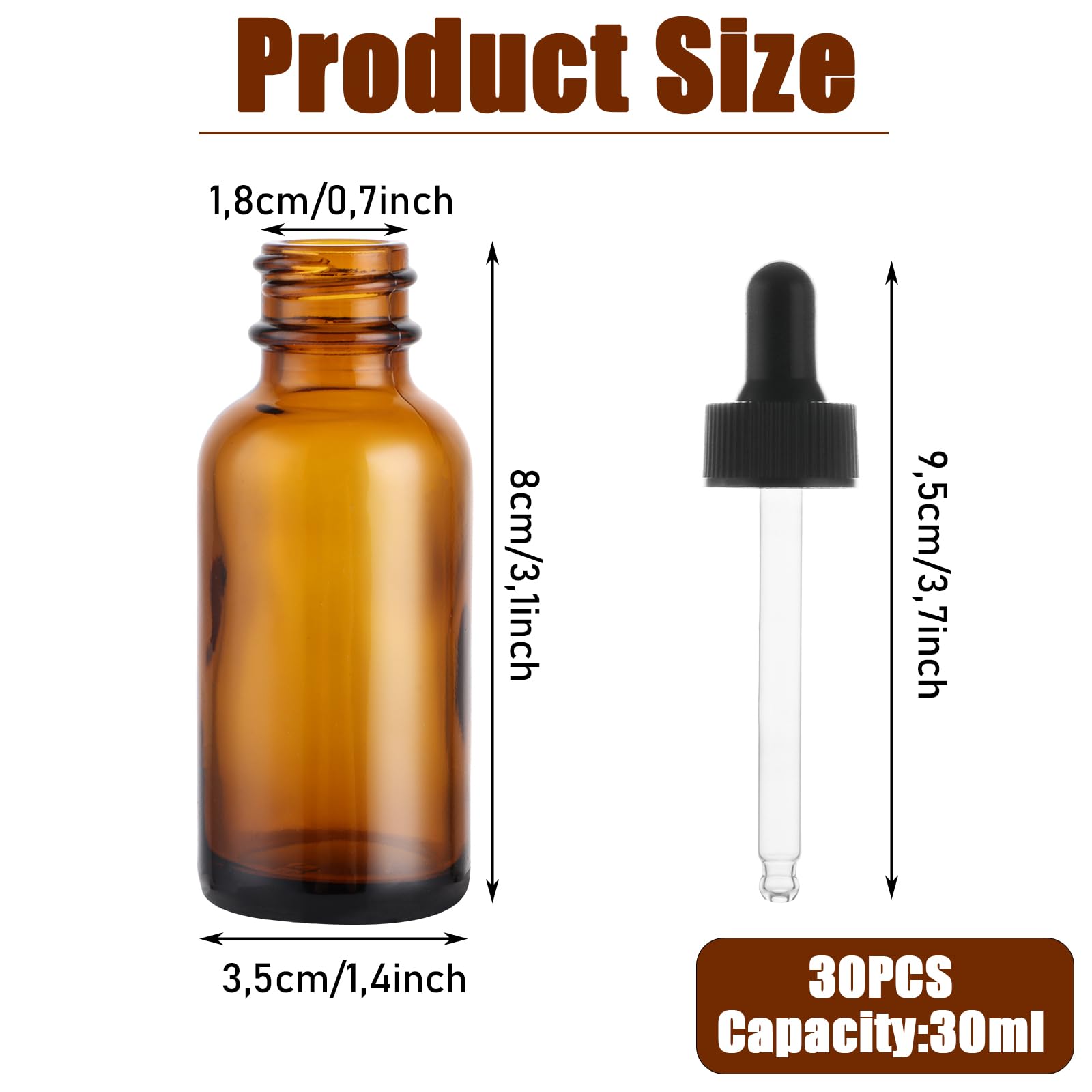 Frasco Cuentagotas Cristal 30 ml Ámbar para Aceites Esenciales, Perfume, Laboratorio