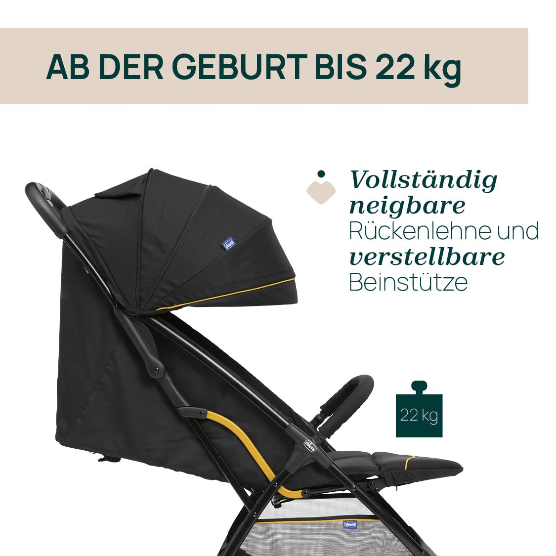 Poussette légère CHICCO Glee, pratique et légère, fermeture automatique, siège large et confortable, roues de haute qualité, dossier réglable, canopy solaire, jusqu'à 22 kg, noir