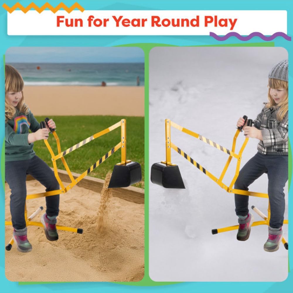 Ride on Excavator Toy for Sandbox or Beach - Heavy Duty Metal Sand Digger Excavator for Kids with 360 Degree Rotating Seat - Kids Outdoor Play Equipment for Sand, Dirt, or Snow by Hey Play (Yellow)
