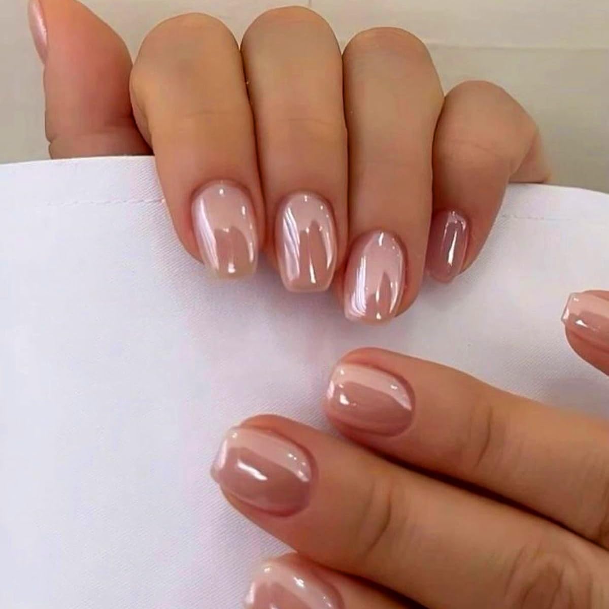 SXVME Chrome Press On Nails Short Square, Nude Pink False Nails Short Coffin with Glazed Finish