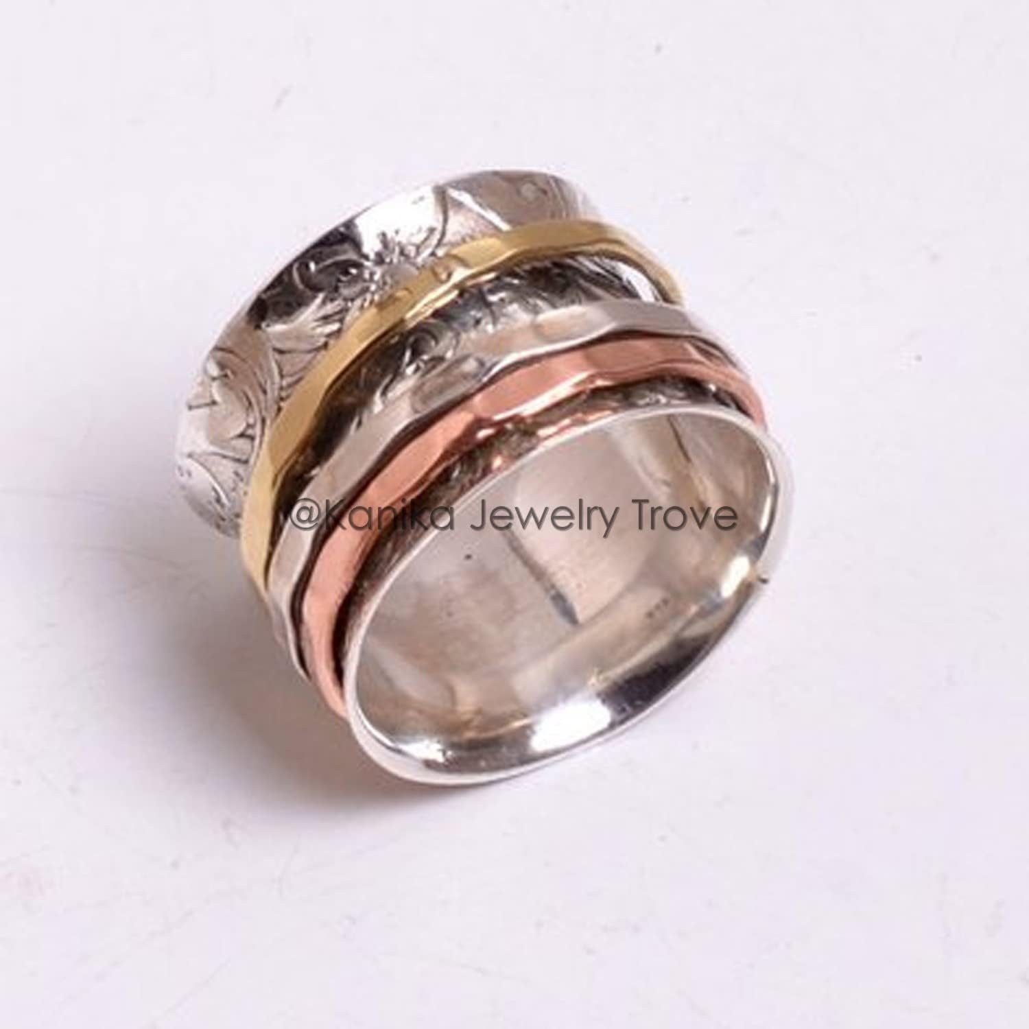 Kanika Jewelry Trove Spinner Band Rings, Anxiety Ring for Meditaion, 925 Sterling Silver Band, Brass and Copper Spinner Ring for Women, Gift Ring for Mother's Day Size 7