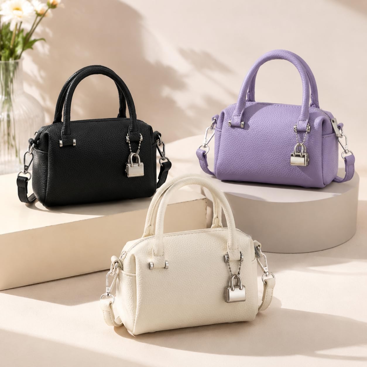 Mini Pillow Crossbody Bag for Women, PU Leather Purse with Lock Charm, Detachable Strap Dual Use Top Handle Bag