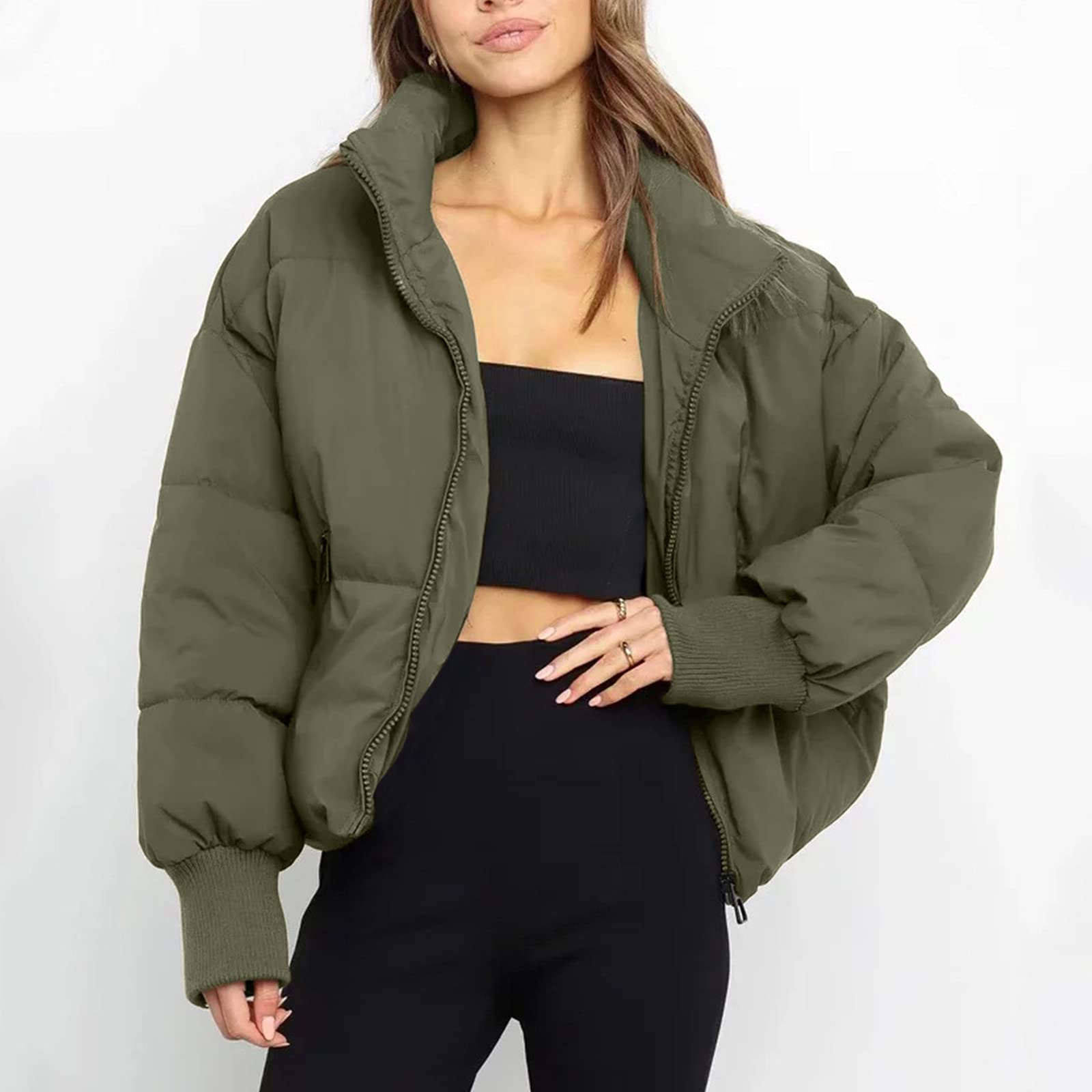 Veste matelassée pour femme - Courte et chaude - Veste d'hiver à col montant - Coupe slim - Manteau d'hiver baggy avec fermeture éclair - Couleur unie - Pour l'hiver