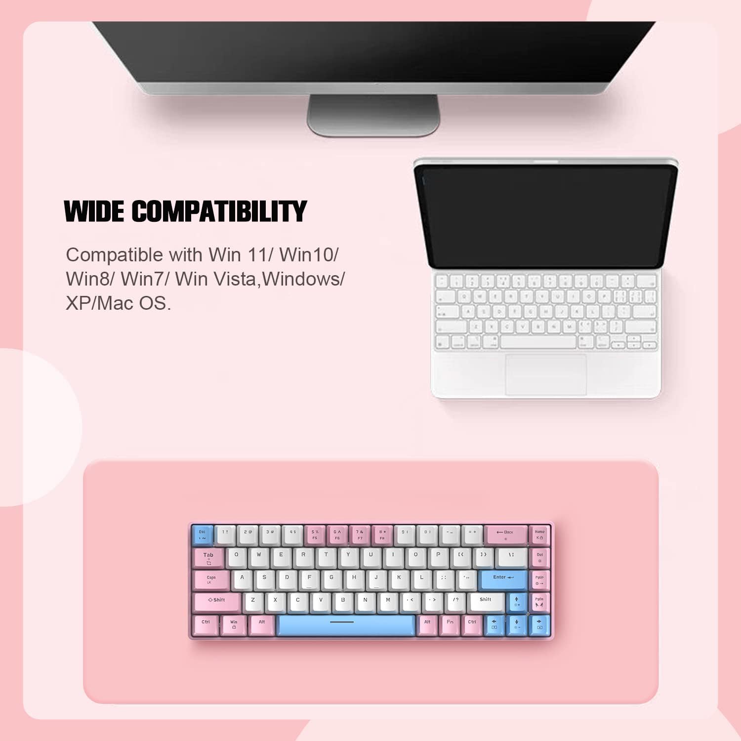T8 RGB 60% Klawiatura Mechaniczna, Przewodowa Klawiatura do Gier 65% Compact Układ, 18 RGB Backlit, QWERTY Mini 68 Klawiszy Full Keys Anti-ghosting na PS4, Xbox, PC, Laptop, MAC - Pink/Blue Switch