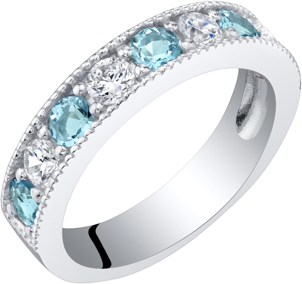 PEORA Sterling Silver 4mm Milgrain Half-Eternity Anniversary Wedding Ring Band for Women, Various Gemstones, Comfort Fit, Sizes 5 to 9