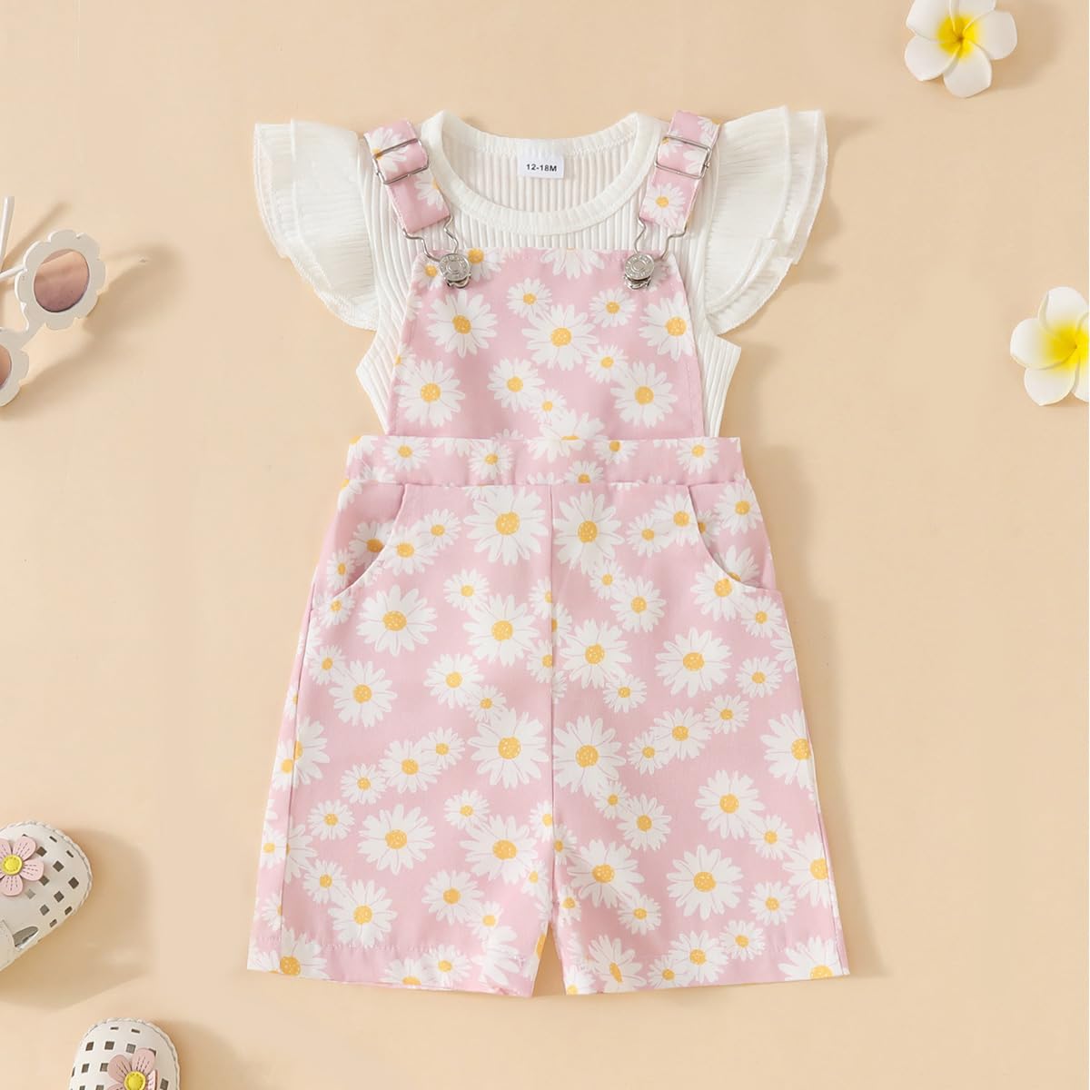 Conjunto Ropa de Verano para Bebé Niña Top de Canalé con Volantes+ Estampado de Margaritas Pantalones Cortos con Peto Bretelles Adorable Infantil Trajes - 3