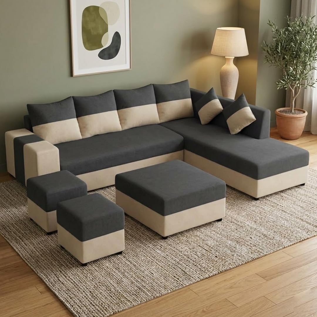 FURNY Sebian Velvet-Suede Fabric 8 Seater RHS Sofa Set (Dark Gray - Cream) | with 2 Ottomans & Centre Table | Comfortable & Spacious Seating | Modern Sofa Set for Living Room-image-12