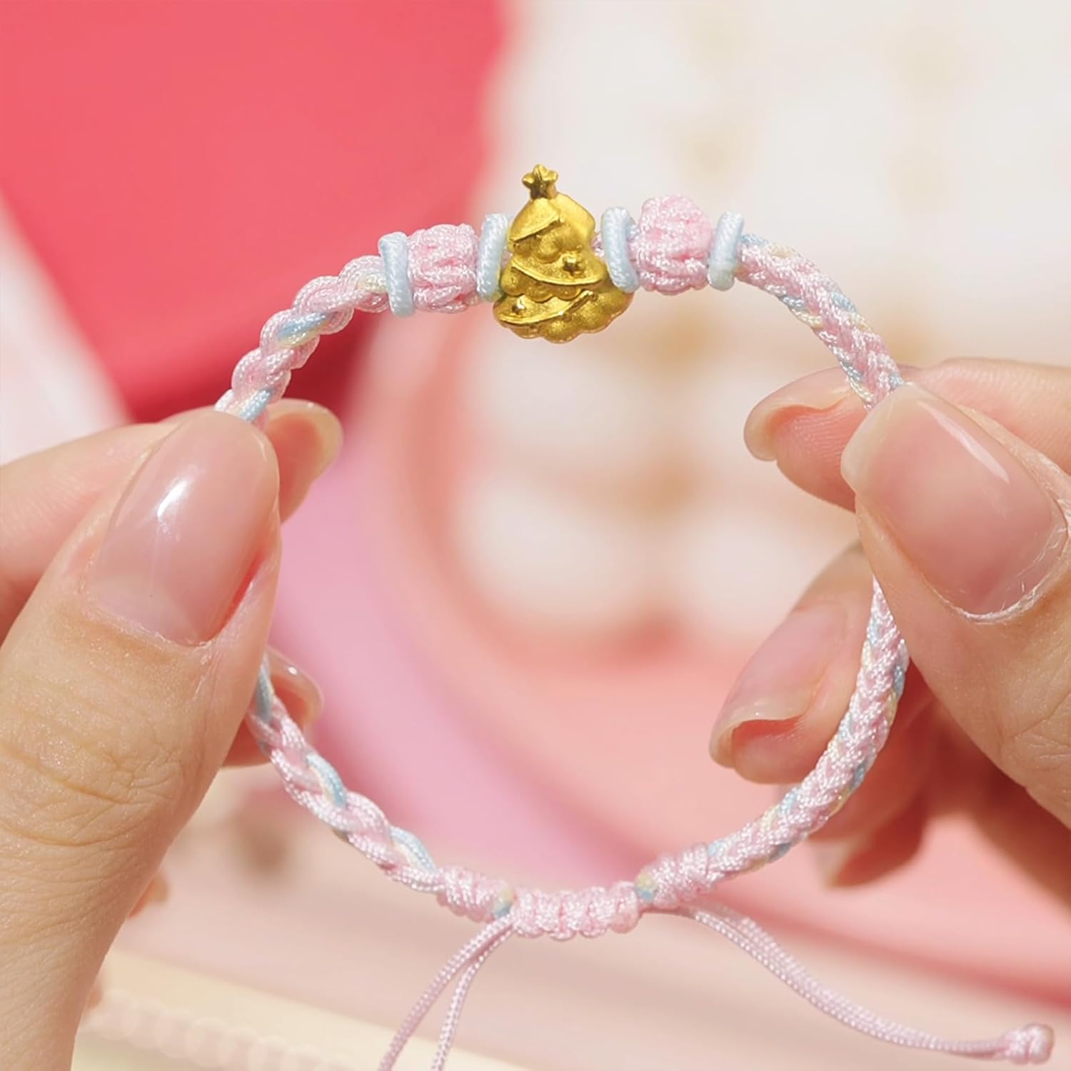 24K Solid Gold Bracelets Cute Christmas Tree Charm Adjustable Braided Bracelet Pink Friendship Jewelry for Women Mom Gifts Festive Christmas New Year Birthday 6.3-8.7"(16+6cm) A1714516