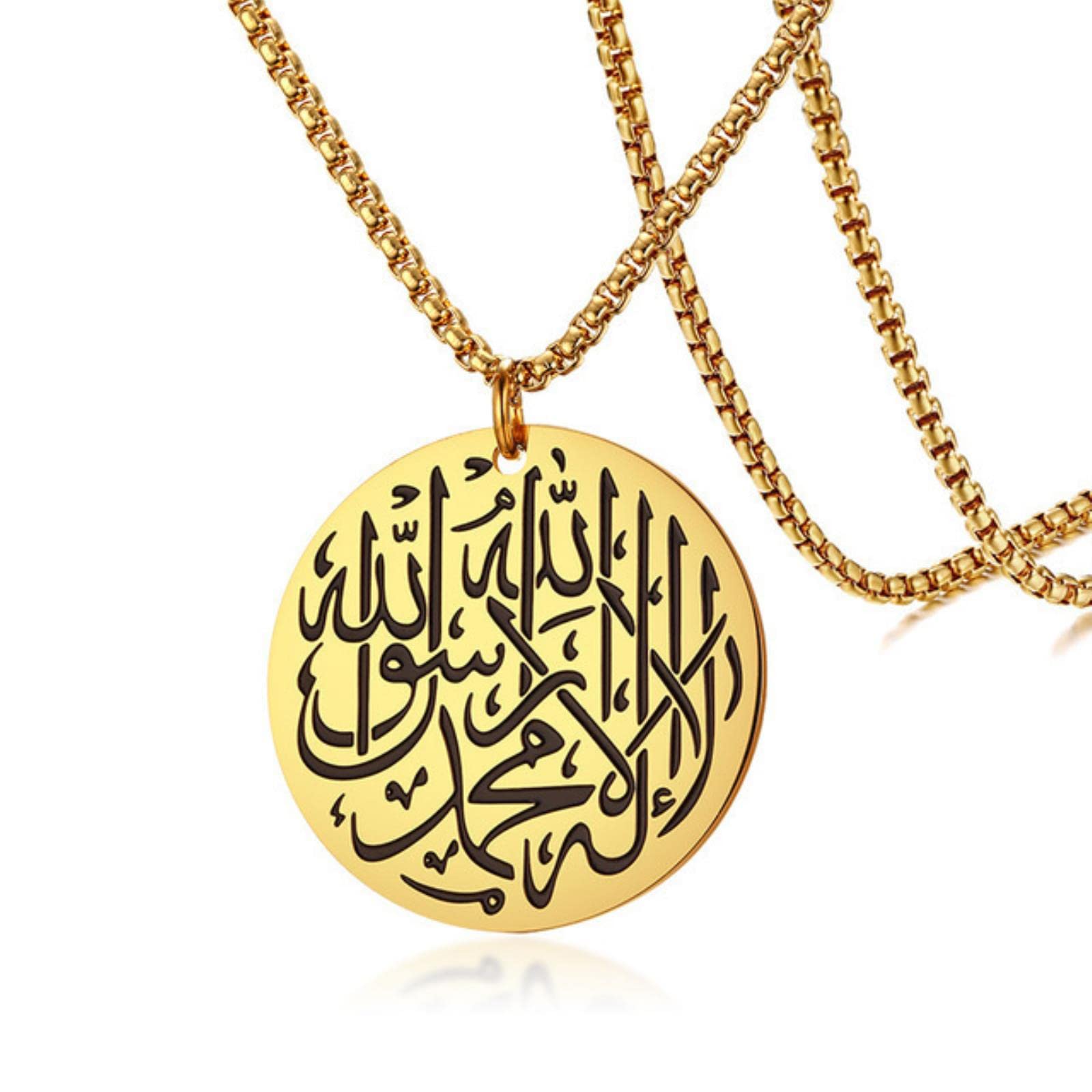 HCMA Men Titanium steel Round Muslim Shahada Islam Allah Pendant Necklace with Box Chain Gold Silver Color