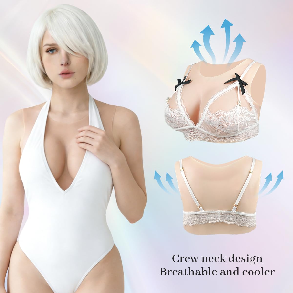 Minaky Faux Seins Silicone Col Rond Fournitures Mastectomie Silicone Réalistes pour Crossdresser Transgender Drag Queen