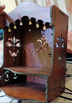 Wooden Pooja Temple/OM  with Bells Puja Home Temple with Double Shelf for Storage and God Idols DecorationHome Mandir for Pooja for Home/Wall Hanging Hole for Temple (Brown)(37cm)(15iches)