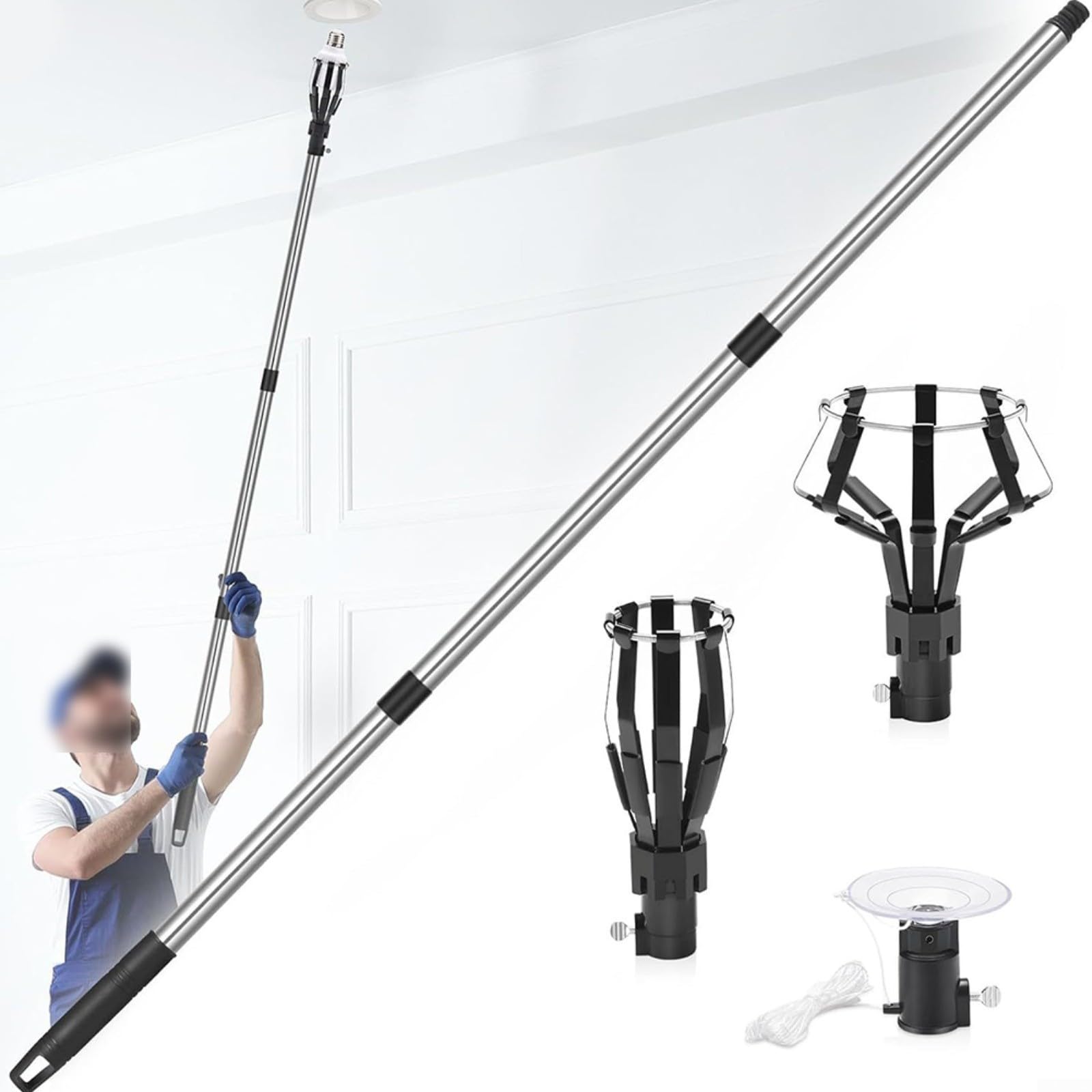 Strumento per cambiare lampadina con 3 teste, asta estensibile in acciaio inossidabile per soffitti alti, kit di rimozione della lampada per interni ed esterni, regolabile 150-360 cm (asta a